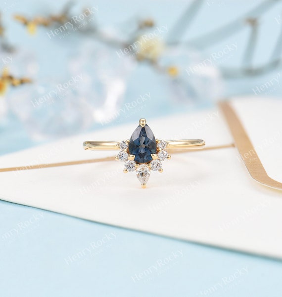 Vintage Topaz Engagement Ring Women Yellow Gold | Pear Shaped Bridal Jewelry | Art Deco Moissanite Ring | Unique Anniversary Gift For Her