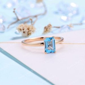 Vintgae Blue Topaz Engagement ring Rose Gold Emerald cut ring Bridal Solitaire art deco ring Prong set ring unique promise anniversary ring | Natural genuine Gemstone rings, simple unique alternative gemstone engagement rings. #rings #jewelry #bridal #wedding #jewelryaccessories #engagementrings #weddingideas #affiliate #ad