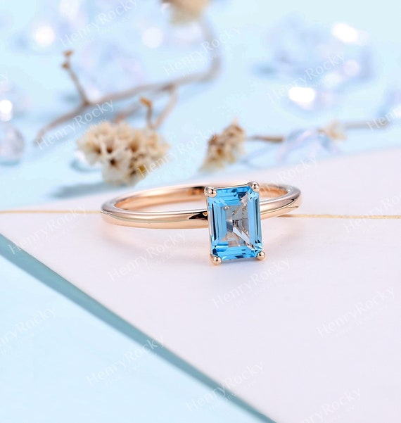 Vintgae Blue Topaz Engagement Ring Rose Gold Emerald Cut Ring Bridal Solitaire Art Deco Ring Prong Set Ring Unique Promise Anniversary Ring