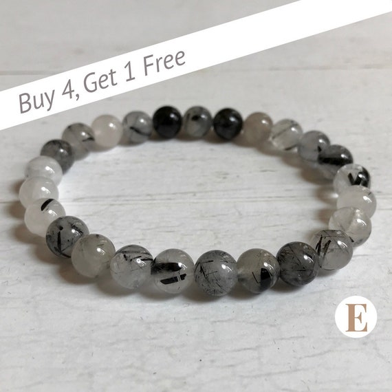 Tourmalinated Quartz Bracelet | 8 Mm Beads | Tourmalinated Quartz Beads | Stretch Bracelet | Healing Crystal Bracelet | Buy 4 Get 1 Free!