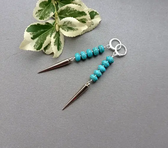 Spike With Turquoise Long Earrings Blue Silver Dangle Earrings. Spike Jewelry Idea Gift For Women For Girlfriend
