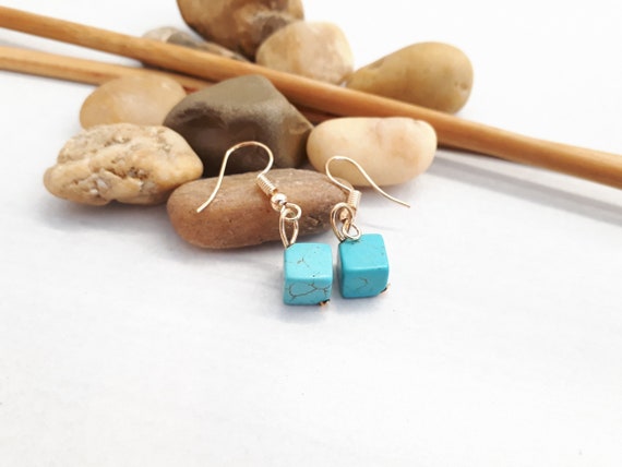 Square Drop Turquoise Earrings, Turquoise Square Gold Earrings, Turquoise Jewelry Gift For Women, Turquoise Dangle Earrings, Cube Earrings