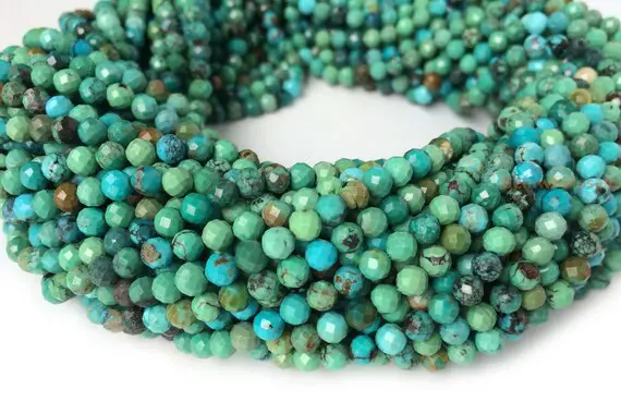 15.5" 4mm Natural Hubei Turquoise Round Micro Faceted Beads, Green Blue Multi Color Gemstone Jewelry Beads Yglo