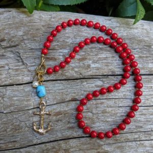 Coral Necklace, Turquoise Coral Necklace, Artisan Necklace, Statement Necklace, Anchor Necklace, Bright Summer Necklace, Boho Necklace | Natural genuine Gemstone necklaces. Buy crystal jewelry, handmade handcrafted artisan jewelry for women.  Unique handmade gift ideas. #jewelry #beadednecklaces #beadedjewelry #gift #shopping #handmadejewelry #fashion #style #product #necklaces #affiliate #ad