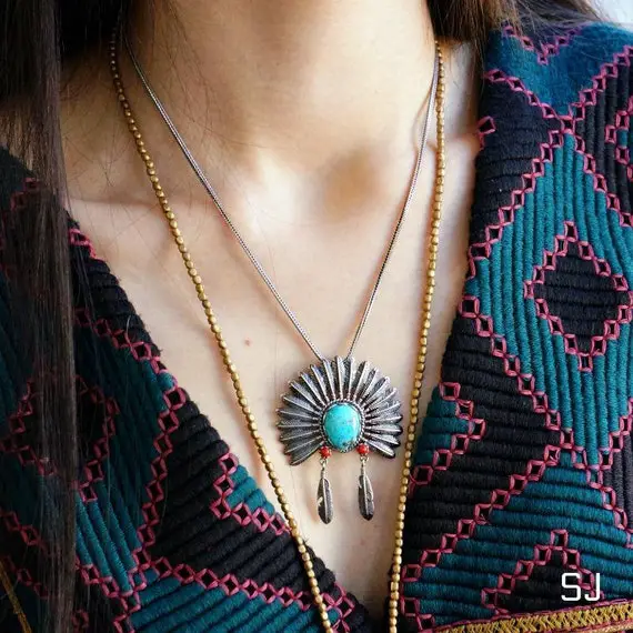Headdress Turquoise Jewelry Sterling Silver Pendant Necklace Gemstone Jewelry For Women Gift Birthstone Native American Jewelry For Him