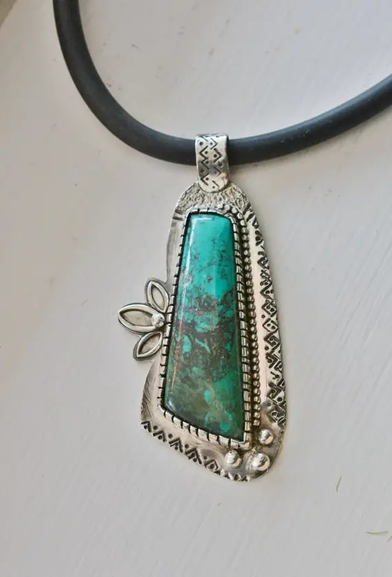 Turquoise Pendant, Sterling Silver Pendant, Southwestern Style, Hammered Silver Pendant, Metalsmith