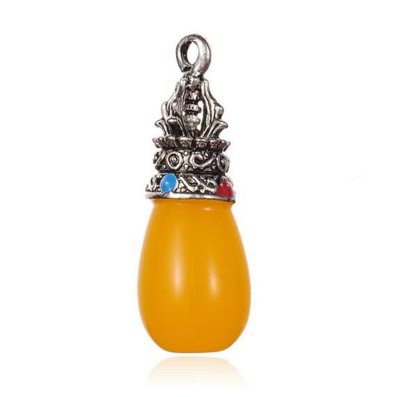 Tibetan Golden Resin Pendant, Antique Silver Engraved Cap With Red  Or Turquoise Stone 47x17mm