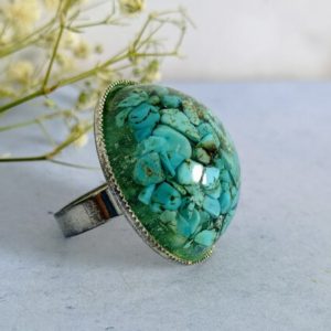 Shop Turquoise Rings! TURQUOISE HOWLITE RING Cast In Resin Round Dome Gemstone Antique Silver Jewellery Open Bold Oversized Ring Meditation Stone | Natural genuine Turquoise rings, simple unique handcrafted gemstone rings. #rings #jewelry #shopping #gift #handmade #fashion #style #affiliate #ad