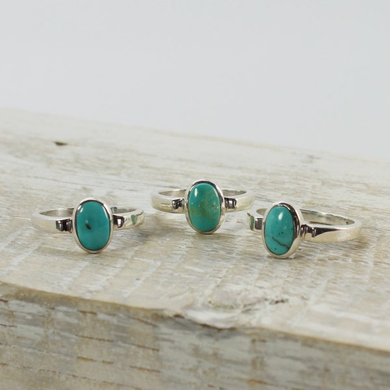 Tiny Turquoise Ring Oval Shape Turquoise Cabochon Set On 925e Sterling Silver, Handmade