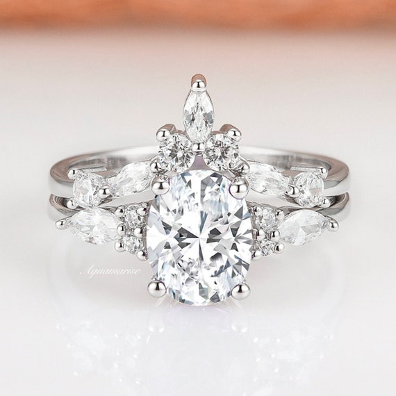 White Sapphire Bridal Ring Set In 925 Sterling Silver- Unique Diamond Engagement Ring- Oval Promise Ring- September Birthstone Gift For Her