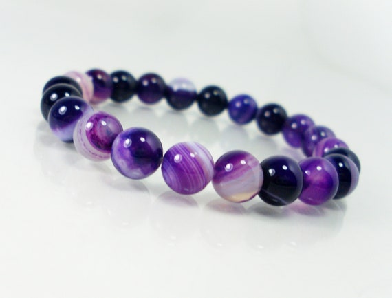 Natural Purple Agate Bracelet 8mm 6mm Or 4mm Beads, Natural Gemstone Bracelet, Unisex Women Men Beaded Bracelet, Gift For Her Him + Gift Bag