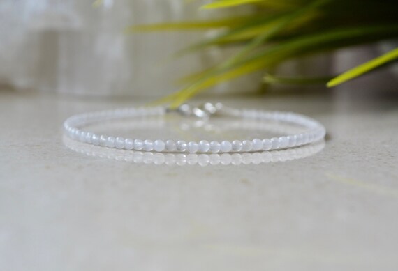 White Agate Bracelet - Bracelet Femme, Ultra Tiny Gemstone Bracelet, Skinny Bracelet With Sterling Silver Clasp, Bridal Crystal Bracelet