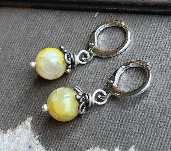 Yellow Gray Agate Earrings, Silver Huggie Hoop Earrings