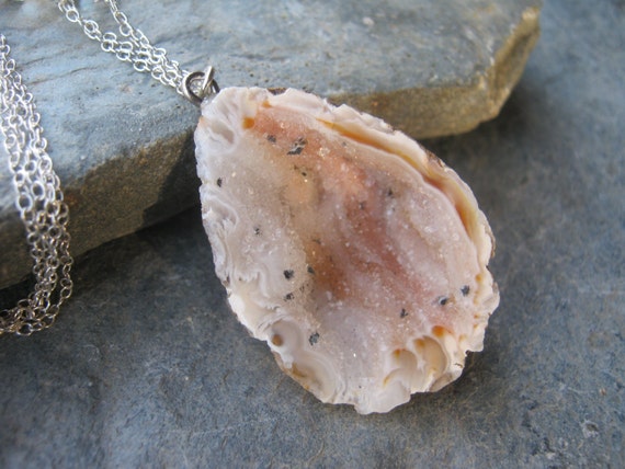 Sterling Silver Geode Necklace, Quartz Crystal Necklace, Agate Druzy Jewelry, Gemstone Necklace, Minimalist, 19 1/4 Inches, Ready To Ship