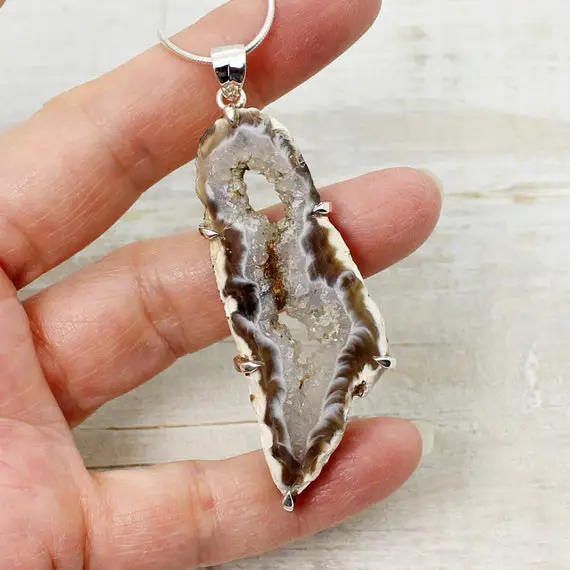 A Beauty... Druzy Agate Freeform Raw Non Polish Pendant Set On 925 Sterling Silver Solid And Natural Stone Unique Handmade Pendant