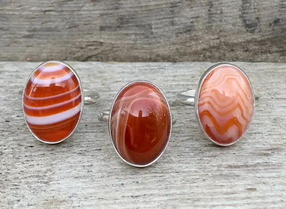 Choose Your Stone Orange Red Banded Agate Oval Sterling Silver Ring | Red Agate Ring | Swirly White Red Orange Stone Ring