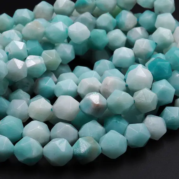 Star Cut Natural Blue Amazonite Beads Faceted 8mm 10mm Rounded Nugget Sharp Facets 15" Strand