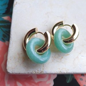 Shop Amazonite Earrings! Chunky Donut Gemstone Huggie Hoops Earrings, Amazonite Gold Hoop Earrings, Hoops with Stone, Healing Crystal Earrings | Natural genuine Amazonite earrings. Buy crystal jewelry, handmade handcrafted artisan jewelry for women.  Unique handmade gift ideas. #jewelry #beadedearrings #beadedjewelry #gift #shopping #handmadejewelry #fashion #style #product #earrings #affiliate #ad
