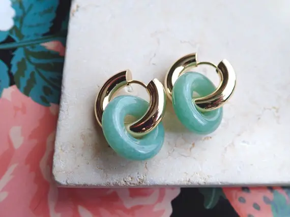 Gemstone Hoops Earrings, Chunky Stone Donut Huggie Hoops, Amazonite Earrings Gold,hoops With Stone,green Crystal Jewelry,amazonite Jewelry