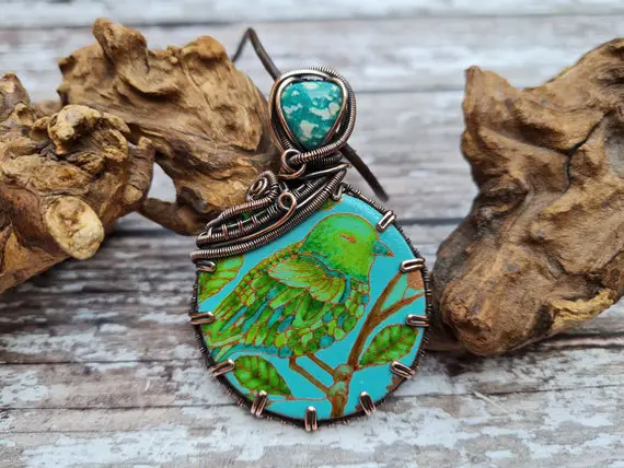Copper And Amazonite Pendant, Botanical Necklace, Wire Wrapped Jewellery, Cottagecore Pendant, Green Bird Necklace, 7th Anniversary Gift