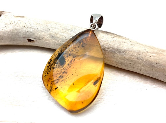 Natural Amber With Insect Pendant // Smooth Amber Insect Pendant // Natural Amber Freeform // Us Shipping // 925 Sterling Silver