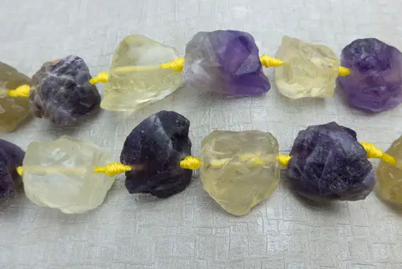 Lemon Quartz And Amethyst Gemstone Raw Stone - Knotted Gemstone Necklace Beads - Purple Necklace Beads - Yellow Stone Jewelry Beads -15inch