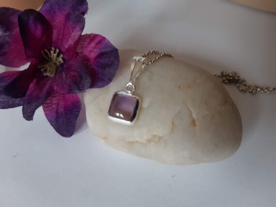 Amethyst Pendant, Purple , Set In 92.5 Sterling Silver, Square Shape, Sterling Silver Chain Option, Febuary Birthstone