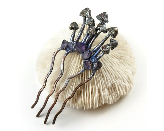 Mushroom Hair Comb, Amethyst Hair Fork, Decorative Hair Stick, Gemstone Hair Accessory