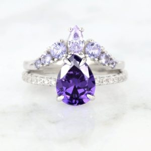 Shop Amethyst Jewelry! Teardrop Amethyst Ring Set- Sterling Silver Amethyst Engagement Ring For Women Dainty Promise Ring- Birthstone Ring Anniversary Gift For Her | Natural genuine Amethyst jewelry. Buy handcrafted artisan wedding jewelry.  Unique handmade bridal jewelry gift ideas. #jewelry #beadedjewelry #gift #crystaljewelry #shopping #handmadejewelry #wedding #bridal #jewelry #affiliate #ad