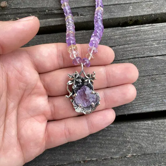 Amethyst Flower Design Necklace, Amethyst Silver Pendant, Special Collection, Ametrine Beaded Necklace, Art Nouveau, February Birthstone