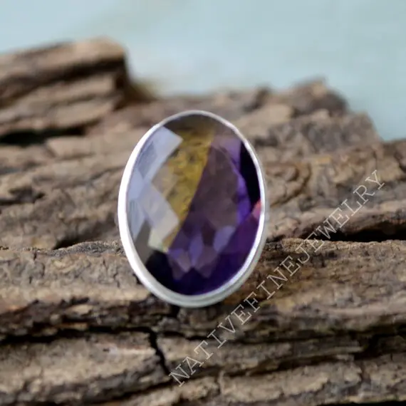 Bi Double Color Ametrine Quartz Ring- 925 Sterling Silver Ring -oval Faceted Large Gift Ring -birthstone Gift Ring- Ametrine Gift Ring
