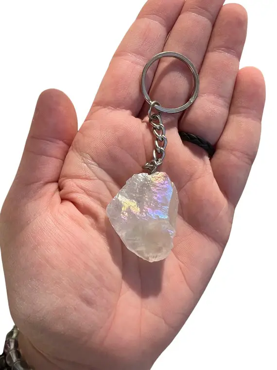 Raw Angel Aura Quartz Crystal Keychain - Raw Angel Aura Stone Keyring - Rough Aura Quartz Crystal Keychain - Raw Aura Quartz Stone Gift