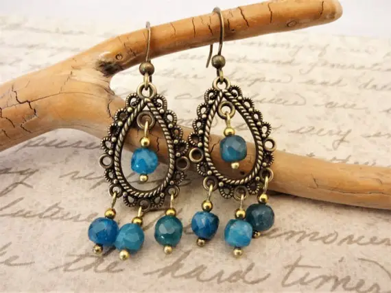 Chandelier Earrings With Blue Apatite Faceted Cubes And Antique Brass, Luxe, Gift, Romantic, One Of A Kind