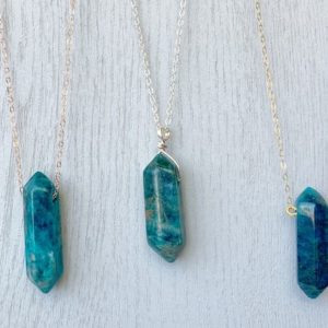 Natural Apatite Necklace, Blue Crystal Healing Necklace Silver or Gold Chain, Raw Stone Necklace, Unique Christmas Gift for Girls, Wife | Natural genuine Gemstone necklaces. Buy crystal jewelry, handmade handcrafted artisan jewelry for women.  Unique handmade gift ideas. #jewelry #beadednecklaces #beadedjewelry #gift #shopping #handmadejewelry #fashion #style #product #necklaces #affiliate #ad