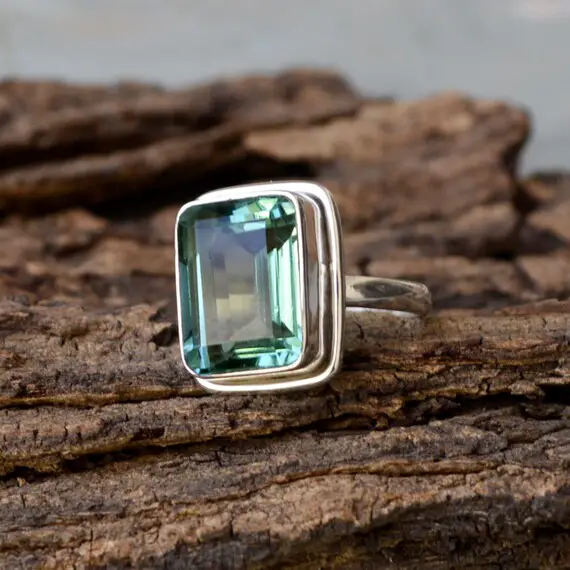 Octagon Apatite Quartz Ring, Bezel Set Ring, Octagon Green Apate Quartz Ring, 925 Sterling Silver Ring, Birthstone Large Gift Ring Jewelry