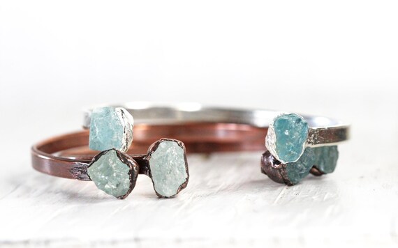Raw Aquamarine Bracelet - March Birthstone - Open Copper Cuff - Raw Crystal Bracelet - Double Stone Bracelet