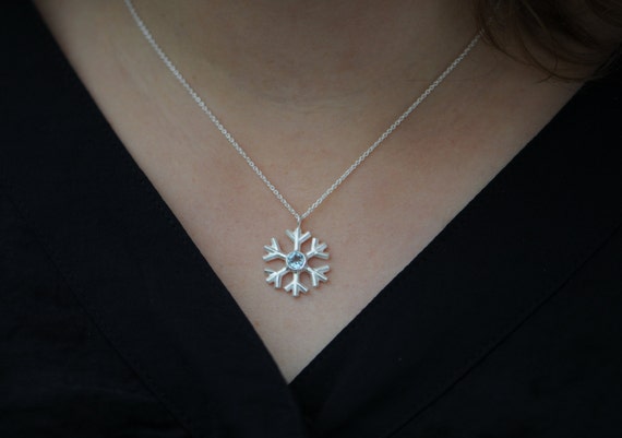 Aquamarine Snowflake Necklace, Christmas Gift For Her Snowflake Pendant