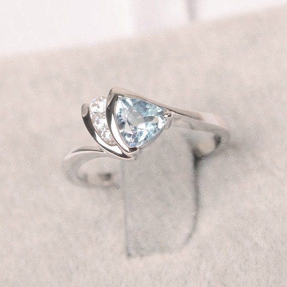 Aquamarine Ring March Birthstone Sterling Silver Engagement Ring Trillion Cut Gemstone Ring