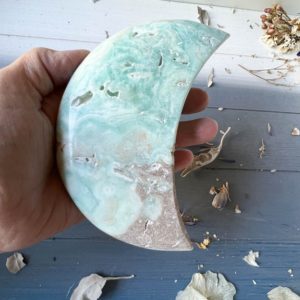 Shop Aragonite Shapes! Large Blue Aragonite Moon Palm Stone   –  A Stone for Tranquility and Peace | Natural genuine stones & crystals in various shapes & sizes. Buy raw cut, tumbled, or polished gemstones for making jewelry or crystal healing energy vibration raising reiki stones. #crystals #gemstones #crystalhealing #crystalsandgemstones #energyhealing #affiliate #ad