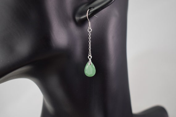 Green Aventurine Chain Drop Earrings - Faceted Oval Briolette - Sterling Silver - Semi-precious Earrings