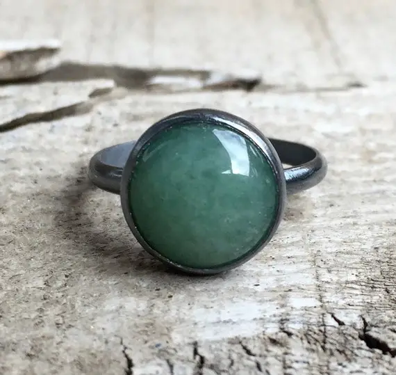 Elegant Round Emerald Green Aventurine Solitaire Ring In Dark Patina Or Oxidized Sterling Silver | Gunmetal Aventurine Ring |  Boho