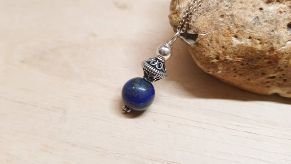 Small Minimalist Azurite Pendant Necklace. Bali Silver Beads. Crystal Reiki Jewelry Uk.  10mm Stone. Minimal Accessories. Empowered Crystals
