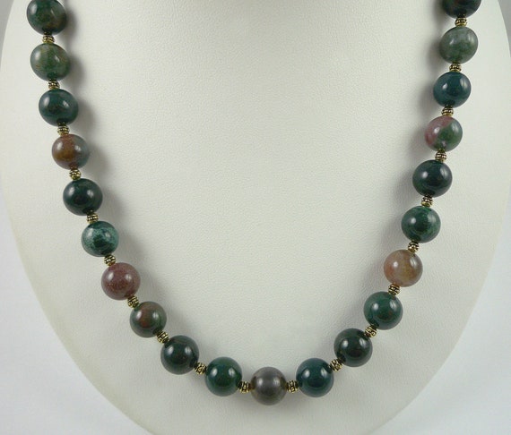 Bloodstone Necklace Gold Green Mauve Brown Red Gemstone Necklace 19-inch Bloodstone Bead Necklace