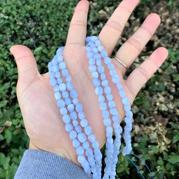 1 Strand/15" Natural Blue Lace Agate Healing Gemstone 6mm To 8mm Free Form Oval Tumbled Pebble Stone Beads For Earrings Charm Jewelry Making