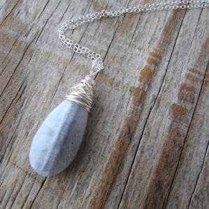 Shop Blue Lace Agate Jewelry! Blue Lace Agate Pendant, faceted tear drop, wire wrapped, periwinkle blue stone necklace | Natural genuine Blue Lace Agate jewelry. Buy crystal jewelry, handmade handcrafted artisan jewelry for women.  Unique handmade gift ideas. #jewelry #beadedjewelry #beadedjewelry #gift #shopping #handmadejewelry #fashion #style #product #jewelry #affiliate #ad