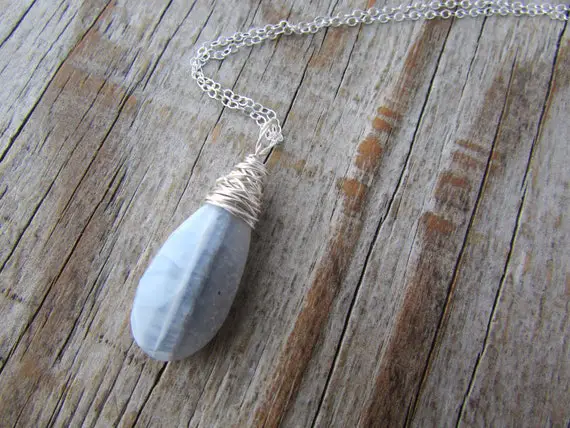 Blue Lace Agate Pendant, Faceted Tear Drop, Wire Wrapped, Periwinkle Blue Stone Necklace