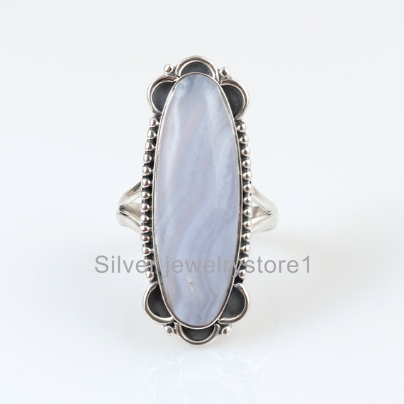 Natural Blue Lace Agate Ring, 925 Sterling Ring, Agate Ring, Gemstone Ring, Antique Silver Ring , Women Ring, Big Stone Ring, Oxidized Ring