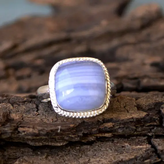 Natural Blue Lace Agate Gemstone Ring, Blue Lace Agate Ring, 925 Sterling Silver Ring, Cushion Agate Ring, Birthstone Designer Gift Ring