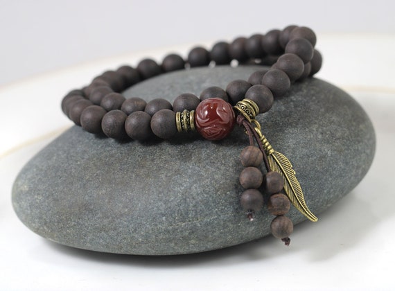 Carved Longevity Double Wrap Wood Stretch Bracelet, Unisex Earthy Bead Bracelet, Longevity Jewelry, Mens Longevity Carnelian Bracelet, Yoga