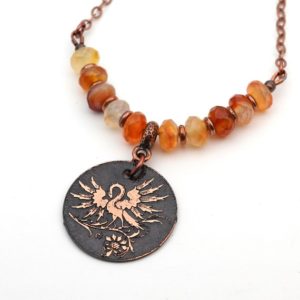 Shop Carnelian Necklaces! Copper phoenix necklace with faceted carnelian beads, yellow, orange, and red stone, etched metal, 20 3/4 inches long | Natural genuine Carnelian necklaces. Buy crystal jewelry, handmade handcrafted artisan jewelry for women.  Unique handmade gift ideas. #jewelry #beadednecklaces #beadedjewelry #gift #shopping #handmadejewelry #fashion #style #product #necklaces #affiliate #ad